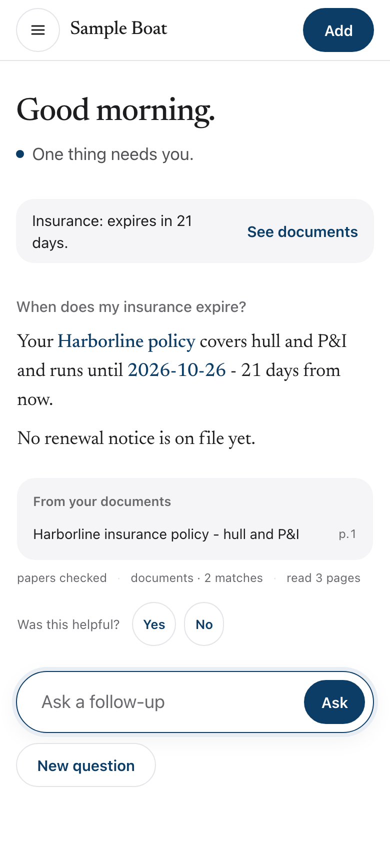 Ask answering when the insurance expires, with the policy it came from