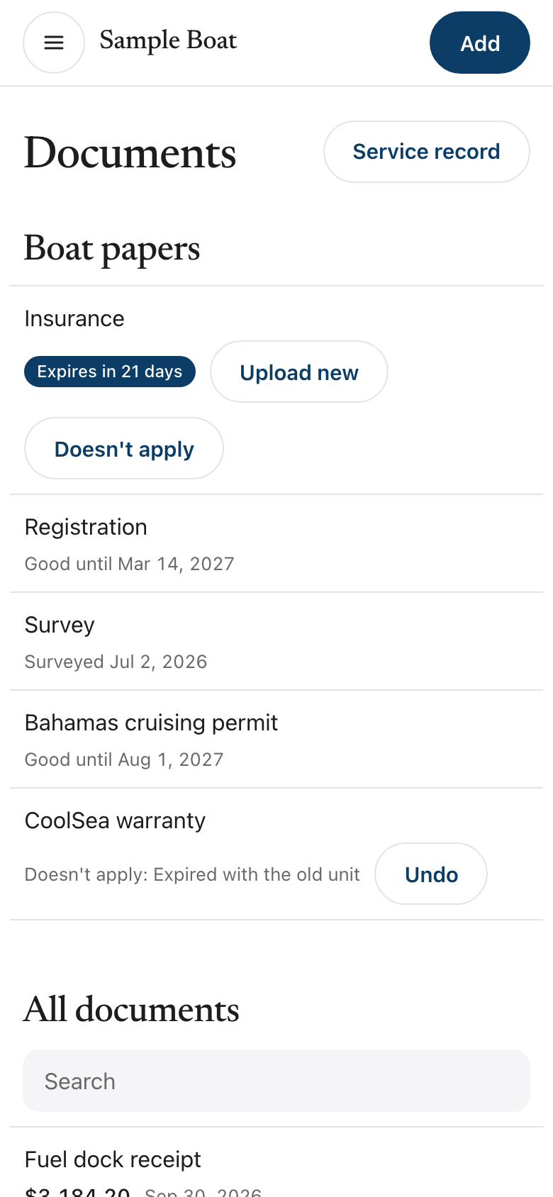 Documents list, each paper titled, dated and filed by kind